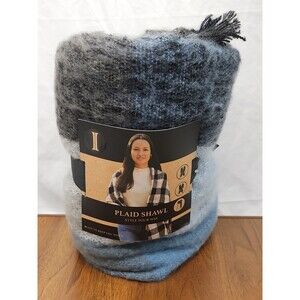 New Womens Igloos Blue/Grey PLAID SHAWL Wrap Warm And Soft